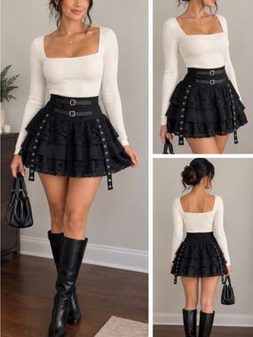 Hot Topic Black Lace Tiered Skater Skirt with Buckle Straps